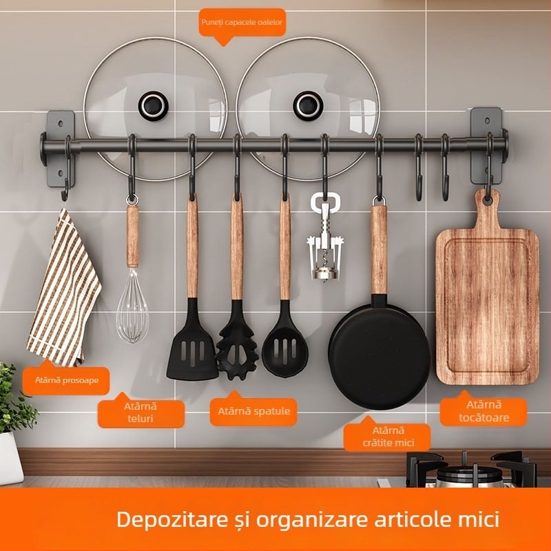 Raft de depozitare pentru bucătărie montat pe perete, fără găuri, cu cârlige pentru linguri, spatule și cuțite
