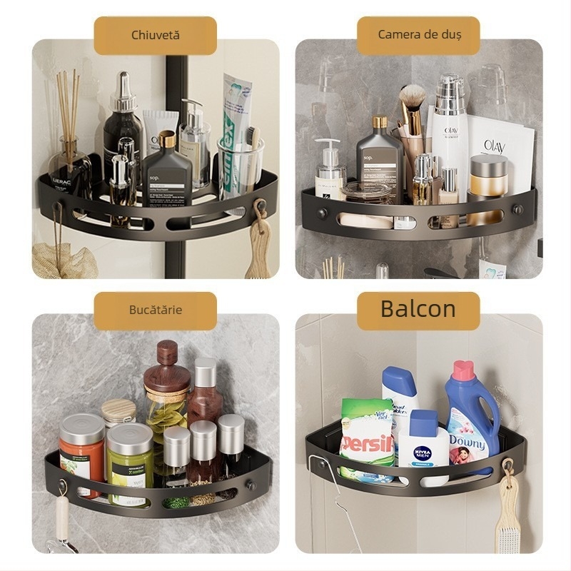 Raft de colț fără găuri pentru baie, montaj pe perete, 1 nivel, plastic, modelul 001, încărcare 5–10 kg, finisaj emailat copt