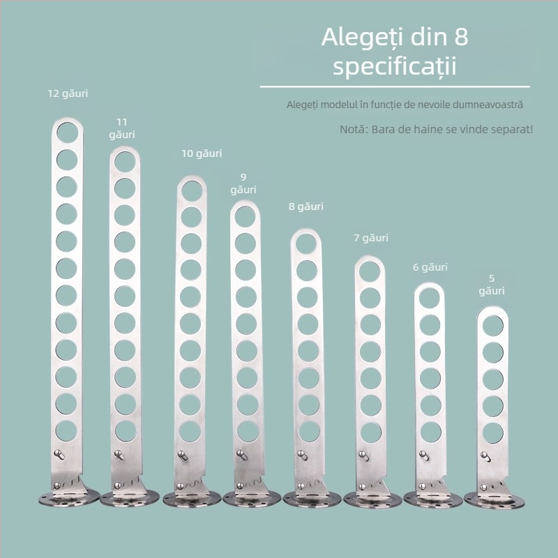 Raft de haine montat pe perete din oțel inoxidabil, pliabil, cu 9 cârlige și 12 găuri