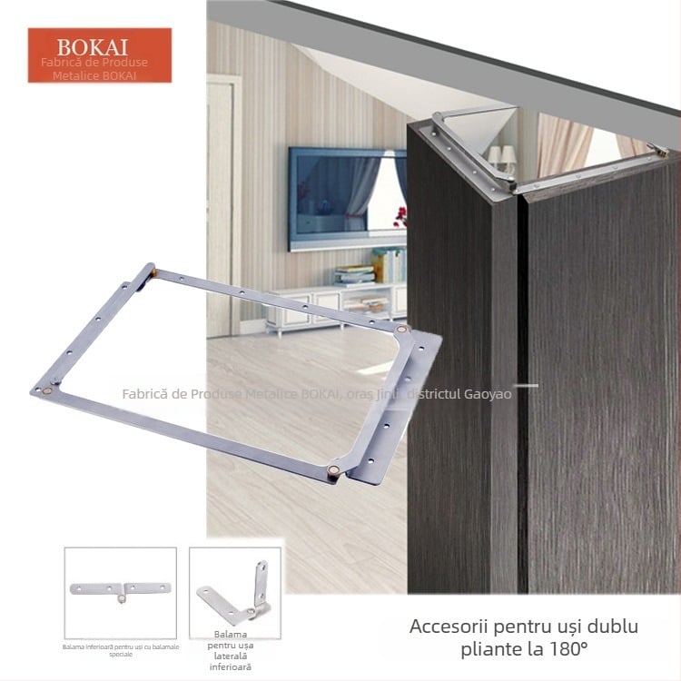 Balama pentru uși pliante fără șine, pentru dulapuri și uși din lemn, deschiderea la 180°, model BK-Z001, tip: balama de îndoire, material: oțel inoxidabil 304, finisaj: periat