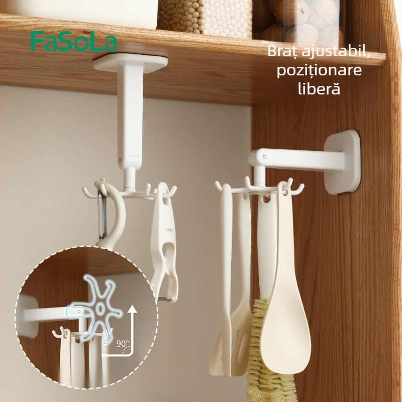FaSoLa Raft Rotativ de Bucătărie Montat pe Perete, cu Șase Gheare pentru Spatule și Linguri, Fără Găuri, ABS, Stil Modern Minimalist