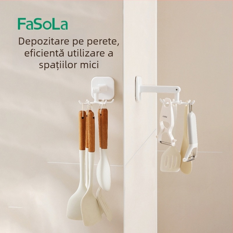 FaSoLa Raft Rotativ de Bucătărie Montat pe Perete, cu Șase Gheare pentru Spatule și Linguri, Fără Găuri, ABS, Stil Modern Minimalist
