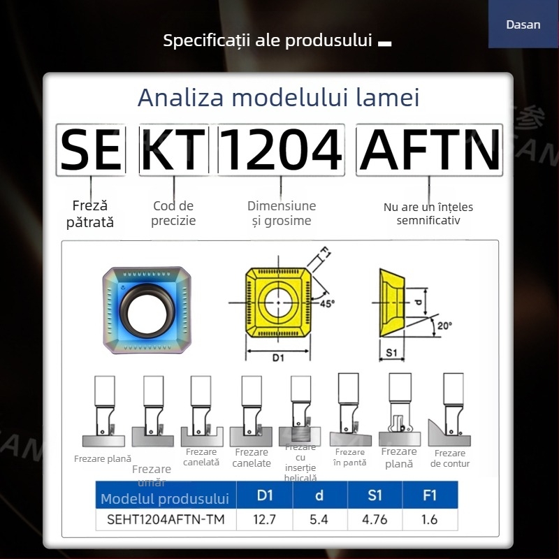 Dasan SEKT1204AFTN lamă de frezat CNC, geometrie pătrată, oțel inoxidabil, oțel călit