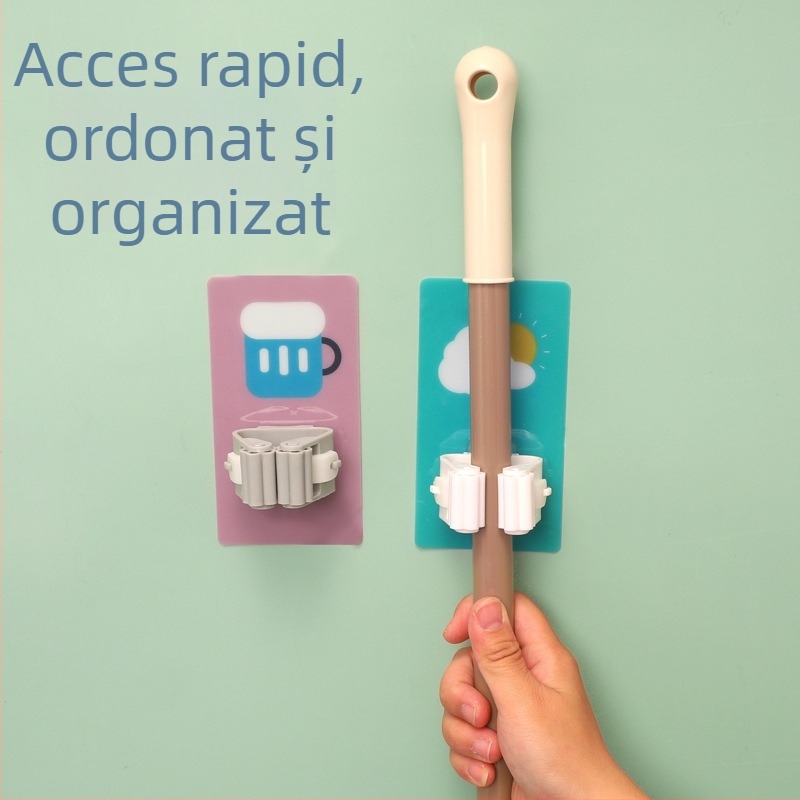 Suport pentru mop fără găuri, montaj pe perete, depozitare baie fără sudură, din plastic, cârlig unic, 1–3 kg