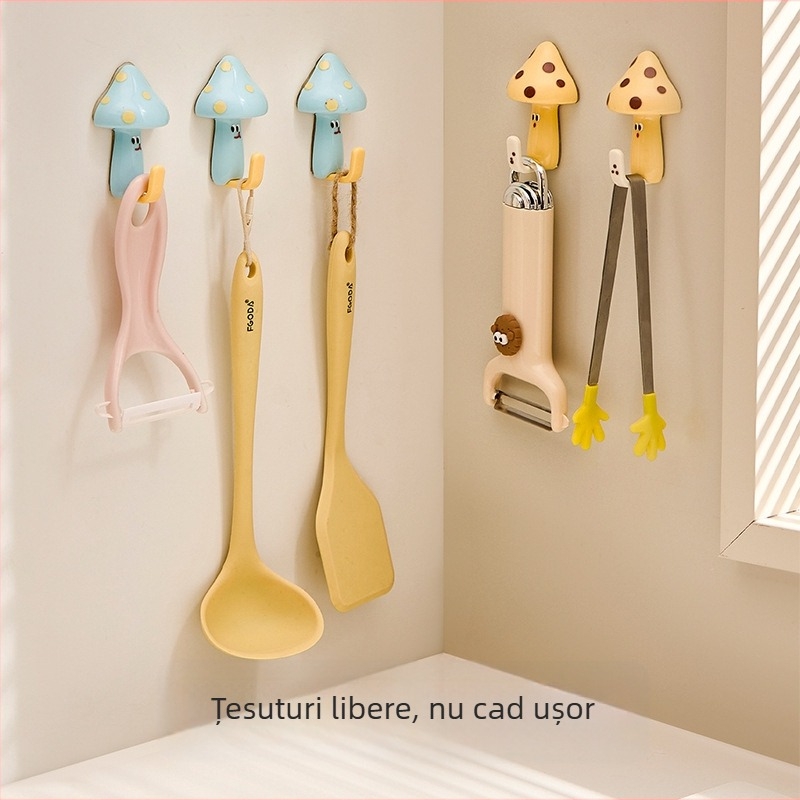 Cuier adeziv pentru perete, în formă de ciupercă de desen animat, material ABS, cârlig unic, capacitate de încărcare 0–1 kg