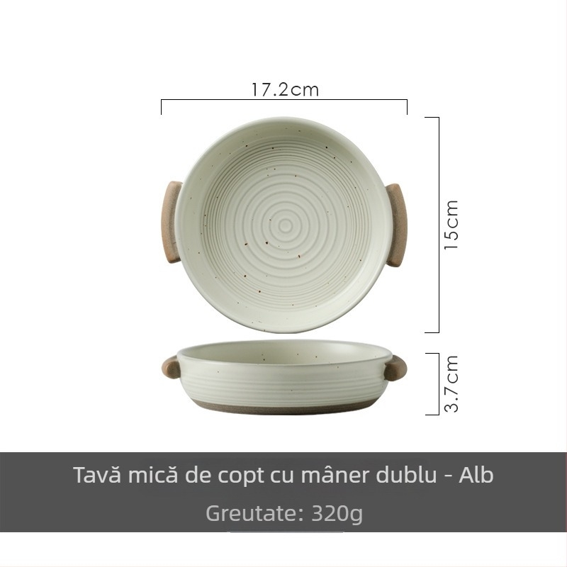 Farfurie de supă cu mâner dublu din ceramică tip stoneware, farfurie rotundă, adâncă, compatibilă cu microunde, stil retro