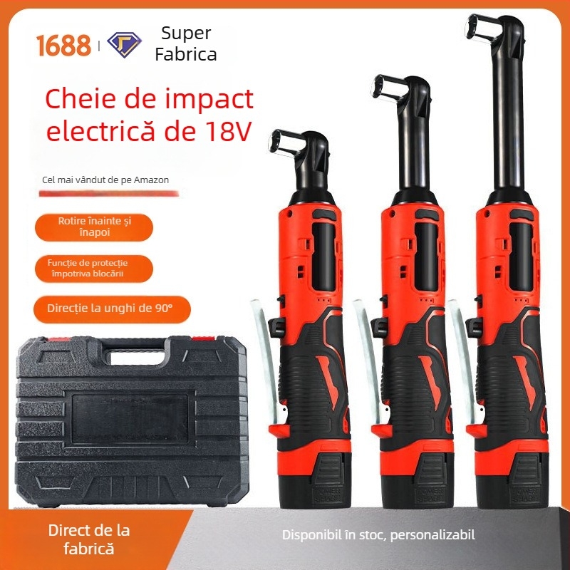 Cheie cu ratchet electrică 18V, cap reglabil la unghi drept, baterie litiu reîncărcabilă, cuplu 57 Nm, greutate 2,3 kg