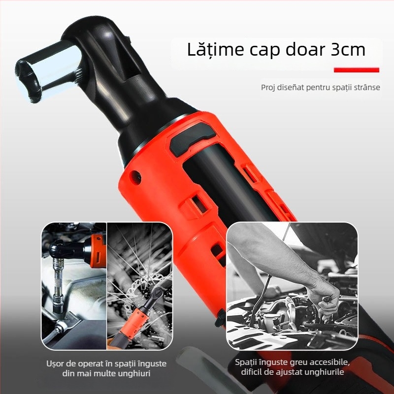 Cheie cu ratchet electrică 18V, cap reglabil la unghi drept, baterie litiu reîncărcabilă, cuplu 57 Nm, greutate 2,3 kg