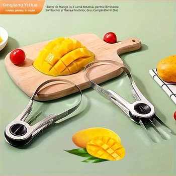 Instrument rotativ pentru mango cu trei lame pentru eliminarea sâmburilor și tăierea fructelor cubulețe, din oțel inoxidabil