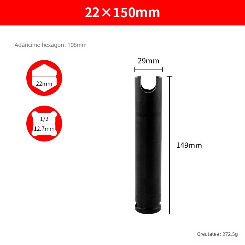 Soclu pentru șurubelniță electrică, deschidere deschisă, prelungită și îngroșată, pentru tâmplărie și schele — Ming Kite oțel crom-vanadiu, finisaj negru, 277 g