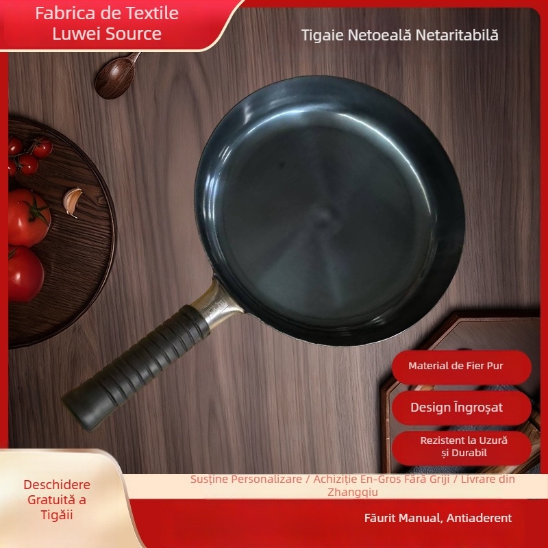 Tigaie cu fund plat, fabricată manual, suprafață netedă; corp din fier forjat cu fund din fontă; 1,2 kg; compatibilă cu toate plitele.