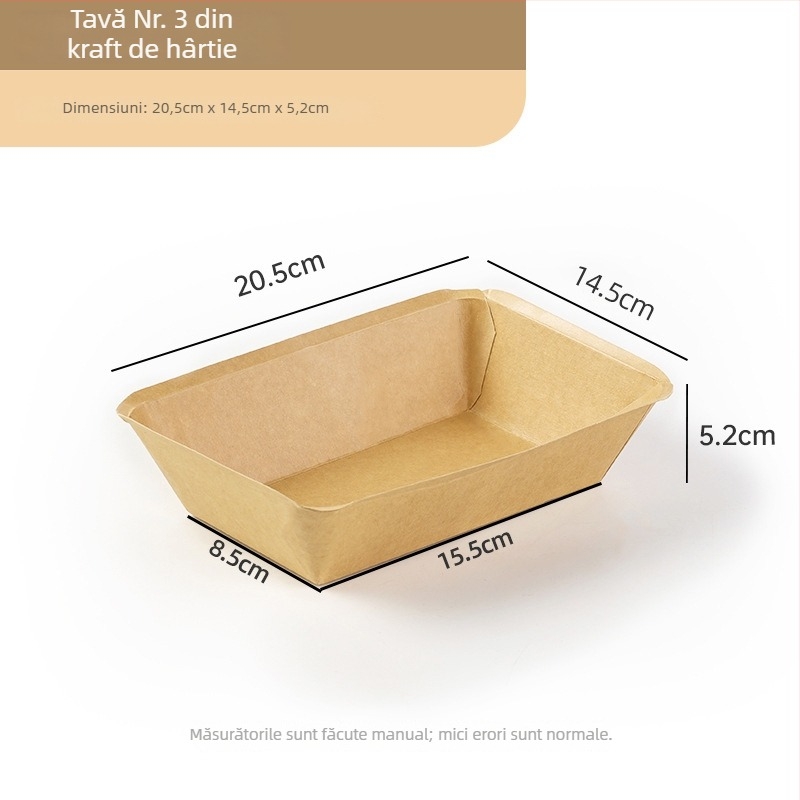 Tavă de hârtie kraft de unică folosință, dreptunghiulară, necompatibilă cu microundele, nebiodegradabilă, tip farfurie