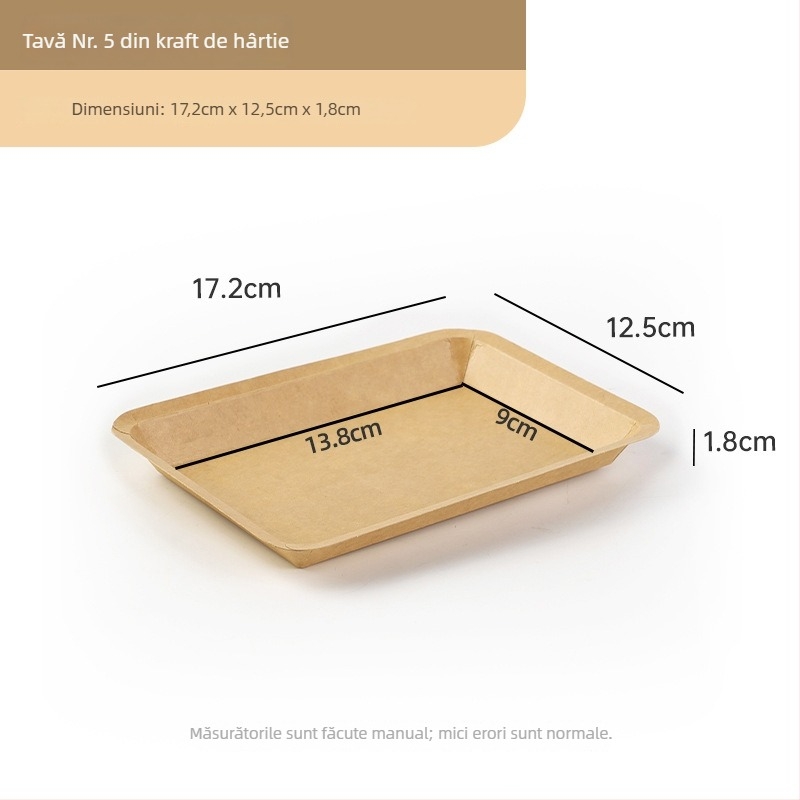 Tavă de hârtie kraft de unică folosință, dreptunghiulară, necompatibilă cu microundele, nebiodegradabilă, tip farfurie