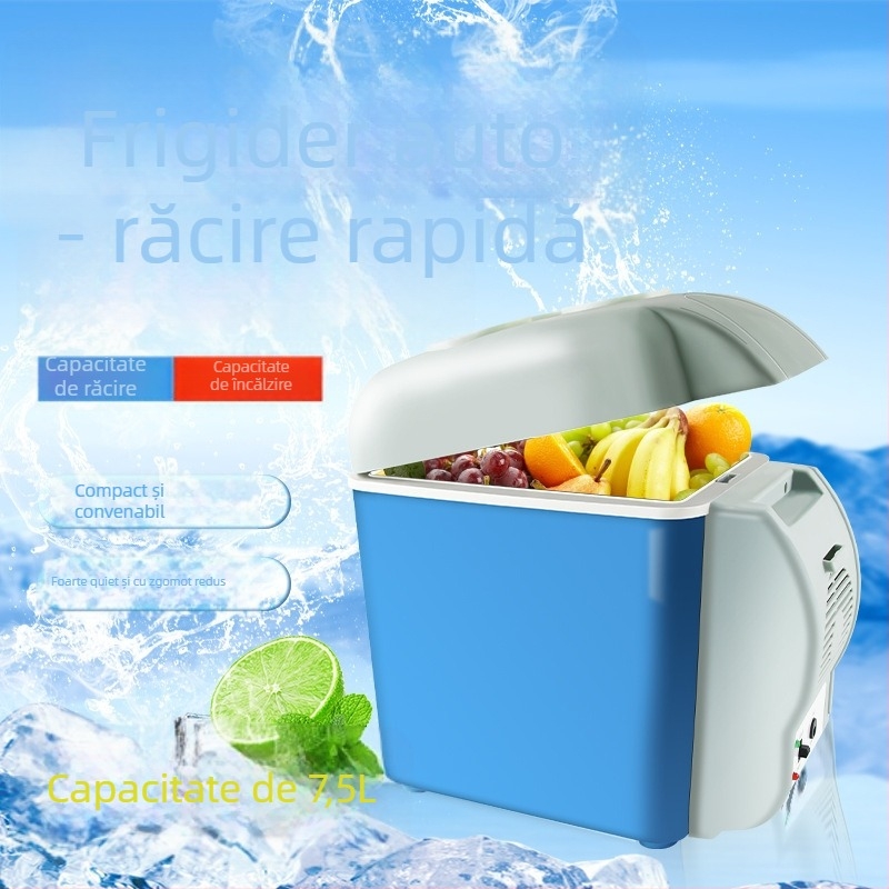 Mini frigider auto cu funcție duală cald/rece, capacitate 7,5 L, alimentare 12V, 30-48W, răcire până la 3°C, încălzire până la 50°C
