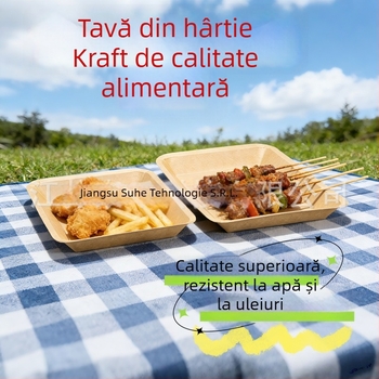 Tavă de hârtie Kraft de unică folosință – dreptunghiulară, compatibilă cu microunde, biodegradabilă