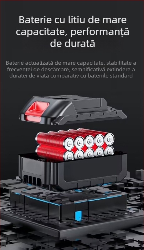 Fierăstrău de găurit Li-ion de 10 mm – model pistol, cu viteză variabilă, mandrină auto-blocare, înainte/înapoi, set cu burghie, ciocan și șurubelniță