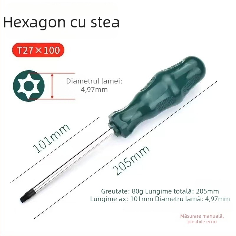 Set de șurubelnițe Torx cu gaură de agățare, T10–T30, oțel crom-vanadiu, izolat, magnetic, mâner din plastic