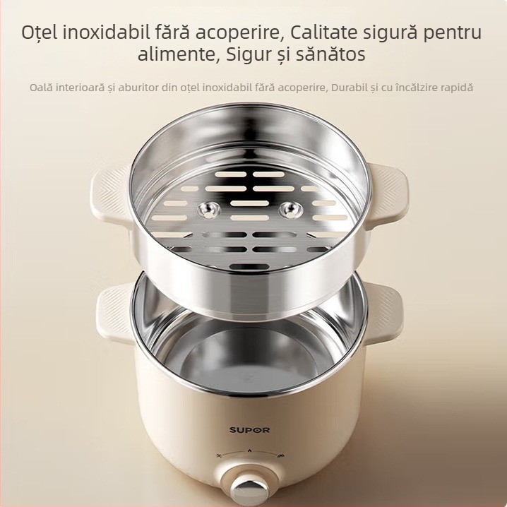 Oală electrică pentru gătit cu vas interior din oțel inoxidabil, capacitate 2.1–4 L, design cu două straturi, control prin buton, abur rapid