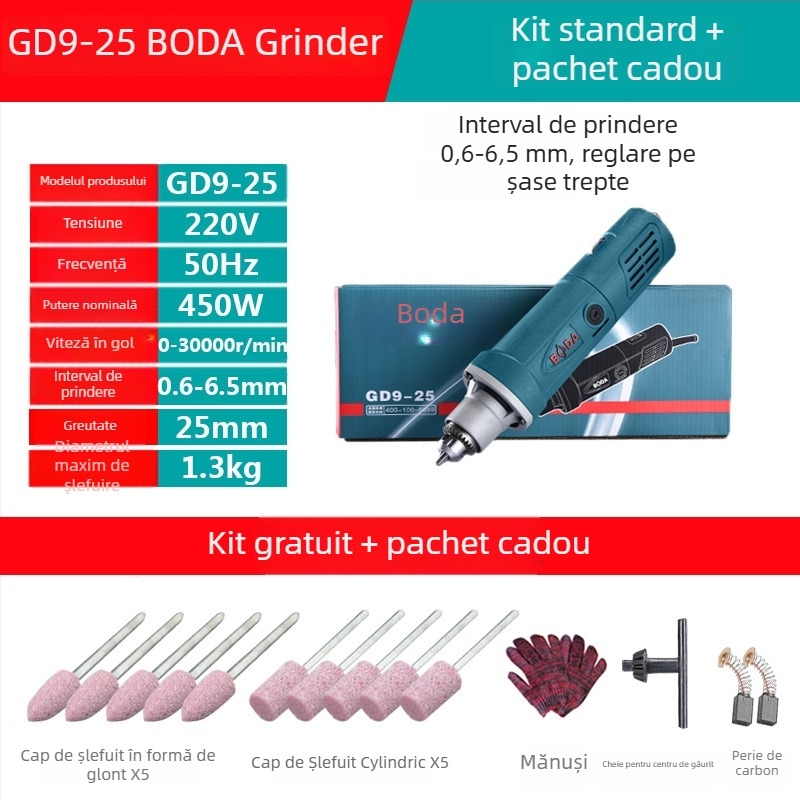 Boda unealtă electrică de șlefuire și lustruire pentru piatră, jad și sculptură în lemn — viteză reglabilă, 220V, cablu 2,5 m