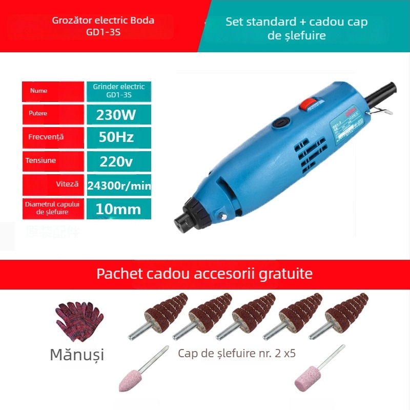 Boda unealtă electrică de șlefuire și lustruire pentru piatră, jad și sculptură în lemn — viteză reglabilă, 220V, cablu 2,5 m