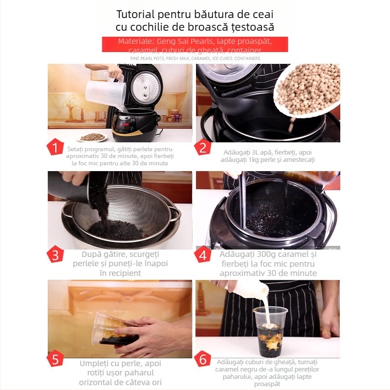 Gătitor electric complet automat pentru ceai cu perle, destinat magazinelor de ceai, cu capacitate 4,1–6 L; pentru 5+ persoane; vas interior antiaderent; control prin buton; menținere cald și abur rapid