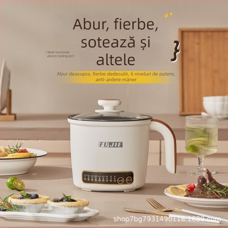 Mini oală electrică pentru tăiței, pentru cămin, vas interior ceramic glazurat, control cu microcomputer și butoane, izolație și temporizator programabil