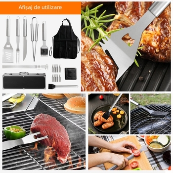Set din oțel inoxidabil pentru grătar în aer liber – 21 de piese, accesorii multifuncționale pentru camping la grătar (clemă, perie, furculiță, lopată)