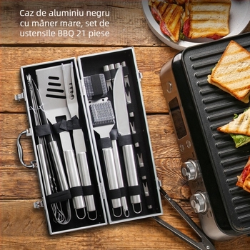 Set din oțel inoxidabil pentru grătar în aer liber – 21 de piese, accesorii multifuncționale pentru camping la grătar (clemă, perie, furculiță, lopată)