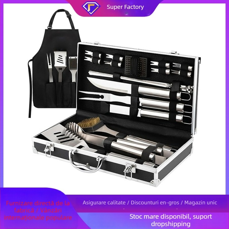 Set din oțel inoxidabil pentru grătar în aer liber – 21 de piese, accesorii multifuncționale pentru camping la grătar (clemă, perie, furculiță, lopată)