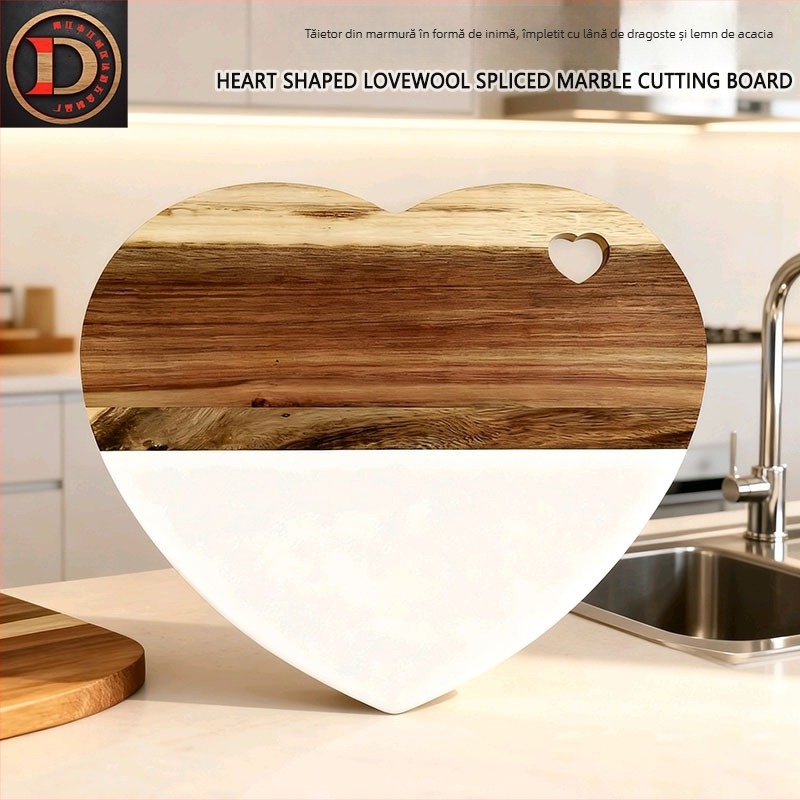 Plaçă de servire în formă de inimă din lemn de acacia cu marmură, față dublă, design neregulat