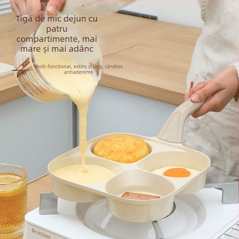 Tigaie pentru ouă cu patru găuri, antiaderentă, din aliaj de aluminiu, cu fund stratificat, potrivită pentru plită obișnuită.