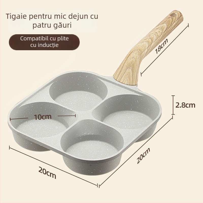 Tigaie pentru ouă cu patru găuri, antiaderentă, din aliaj de aluminiu, cu fund stratificat, potrivită pentru plită obișnuită.