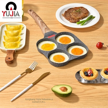 Tigaie pentru ouă cu 4 găuri, din aliaj de aluminiu, suprafață antiaderentă, model YUJIA-4K004, potrivit pentru aragazuri generale
