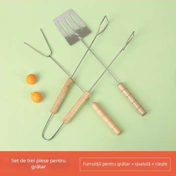 Set de grătar exterior, 3 piese, cu mâner din lemn – spatulă, furculiță și clește din oțel inoxidabil