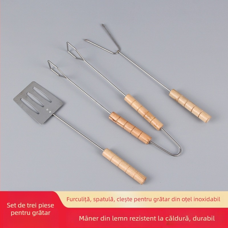 Set de grătar exterior, 3 piese, cu mâner din lemn – spatulă, furculiță și clește din oțel inoxidabil