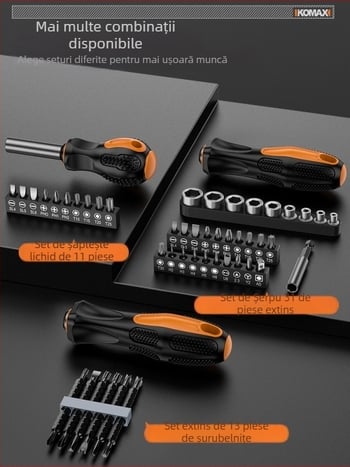 Set de șurubelnițe din oțel carbon cu mecanism cu ratchet și biți multipli, include variante 19-in-1 și 9-in-1 și șurubelniță electrică de 3,6V cu biți magnetici