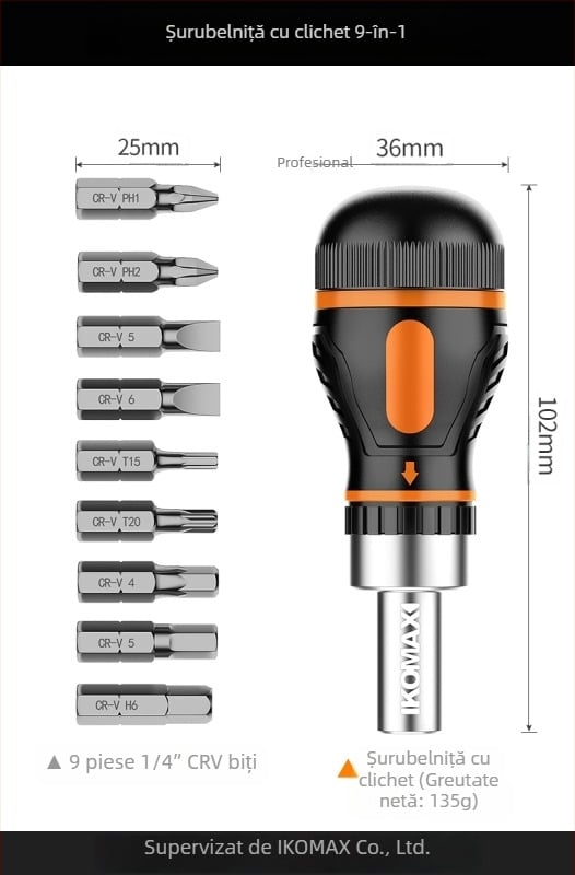 Set de șurubelnițe din oțel carbon cu mecanism cu ratchet și biți multipli, include variante 19-in-1 și 9-in-1 și șurubelniță electrică de 3,6V cu biți magnetici