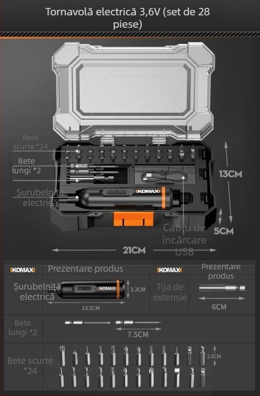 Set de șurubelnițe din oțel carbon cu mecanism cu ratchet și biți multipli, include variante 19-in-1 și 9-in-1 și șurubelniță electrică de 3,6V cu biți magnetici