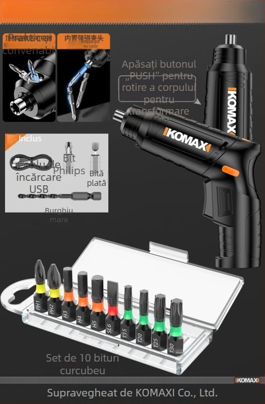 Set de șurubelnițe din oțel carbon cu mecanism cu ratchet și biți multipli, include variante 19-in-1 și 9-in-1 și șurubelniță electrică de 3,6V cu biți magnetici