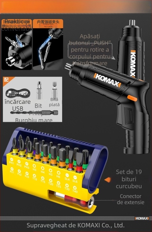 Set de șurubelnițe din oțel carbon cu mecanism cu ratchet și biți multipli, include variante 19-in-1 și 9-in-1 și șurubelniță electrică de 3,6V cu biți magnetici