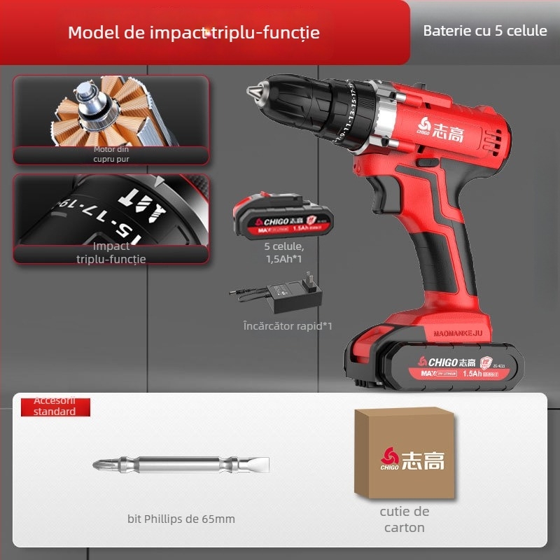 Șurubelniță-bormașină fără perii - 18-21V, mâner pistol, reglaj de viteză fără trepte, mandrină auto-blocantă, înainte/înapoi