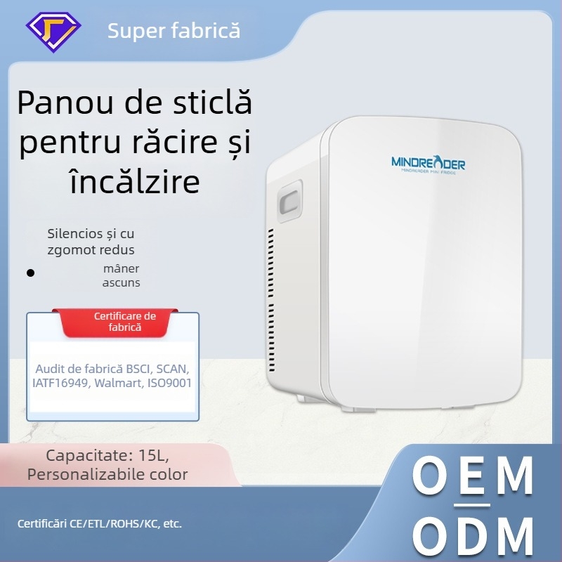 Mini frigider auto pentru casă și birou – 11–15L, 50W, alimentare 12V/220–240V/100–120V, răcire 5–9°C, încălzire 50–65°C