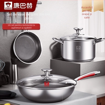 Kbh/konbach set de 3 vase de bucătărie: wok, oală și tigaie, din oțel inoxidabil 304, stil Nordic, antiaderent, capace din sticlă