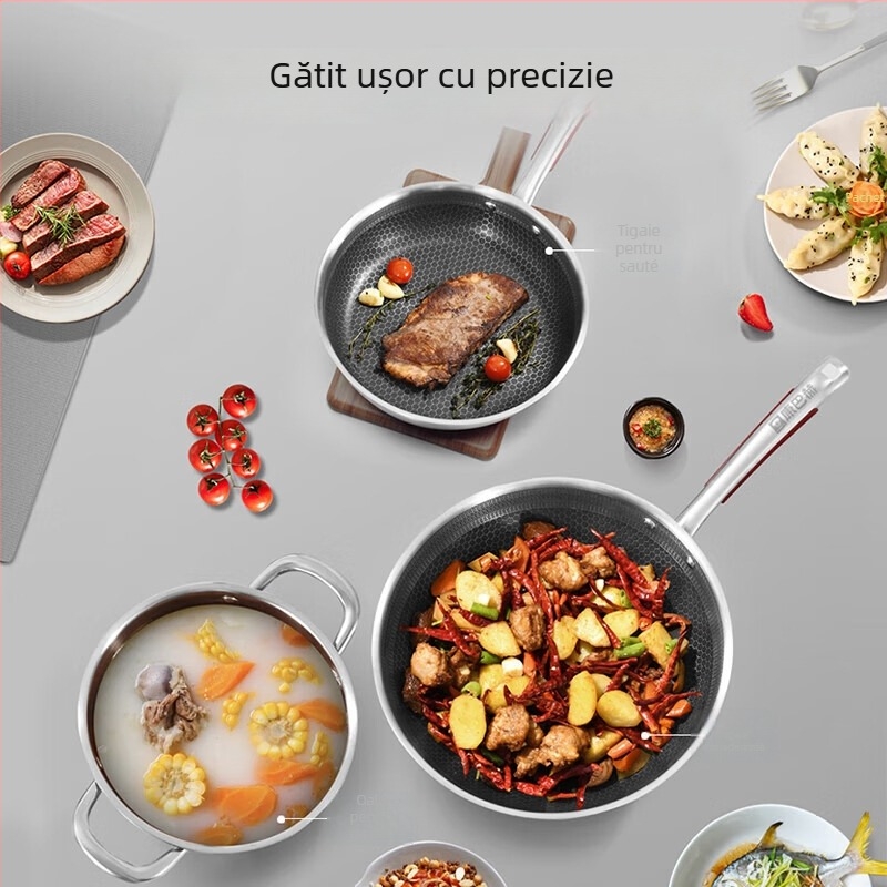 Kbh/konbach set de 3 vase de bucătărie: wok, oală și tigaie, din oțel inoxidabil 304, stil Nordic, antiaderent, capace din sticlă