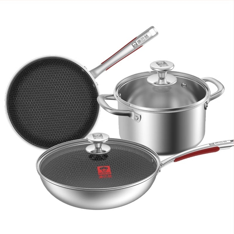 Kbh/konbach set de 3 vase de bucătărie: wok, oală și tigaie, din oțel inoxidabil 304, stil Nordic, antiaderent, capace din sticlă