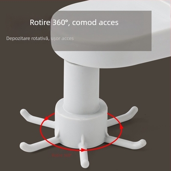 Cuier/raft de perete pentru bucătărie cu cârlige rotative retractabile, montaj fără găuri, ABS, 4 cârlige, încărcare maximă 3 kg.