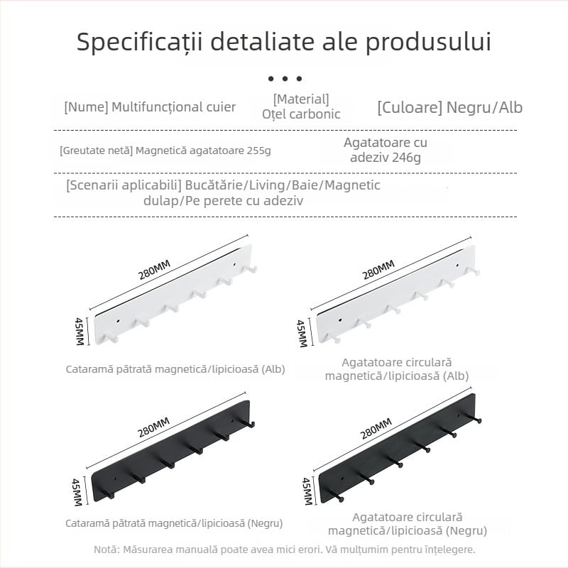 Suport magnetic pentru bucătărie, montaj pe perete fără găuri, design cu mai multe rânduri, din oțel carbon, capacitate (3–5 kg)