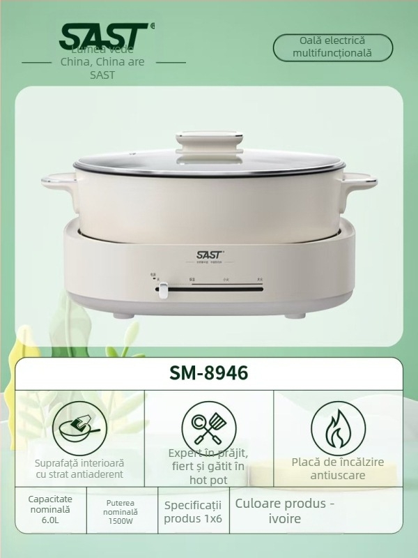 Oală electrică despărțită, 1500W, capacitate peste 6L, vas interior antiaderent, multifuncțională: aburi, sotare, prăjire, fierbere, gătire înăbuire; protecție împotriva uscării