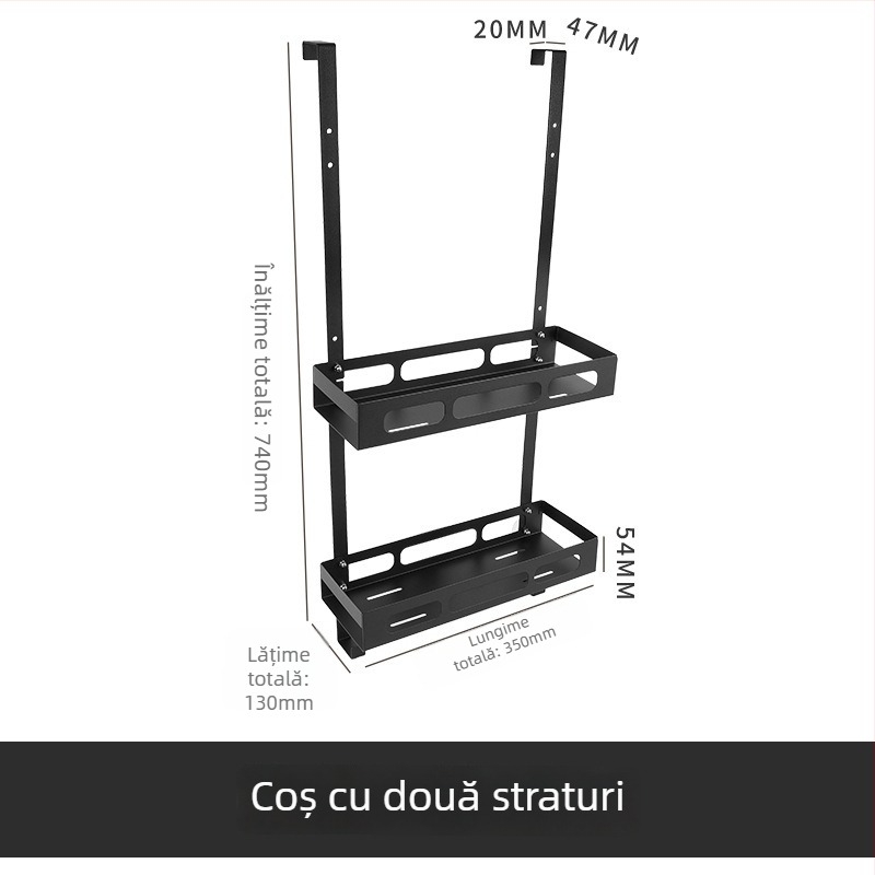 Raft metal pentru baie, două etaje, montat pe ușă; coș de baie suspendat; finisaj bake paint; încărcare 15–20 kg