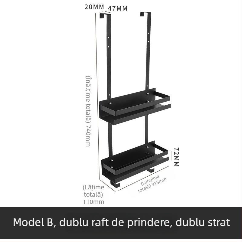 Raft metal pentru baie, două etaje, montat pe ușă; coș de baie suspendat; finisaj bake paint; încărcare 15–20 kg
